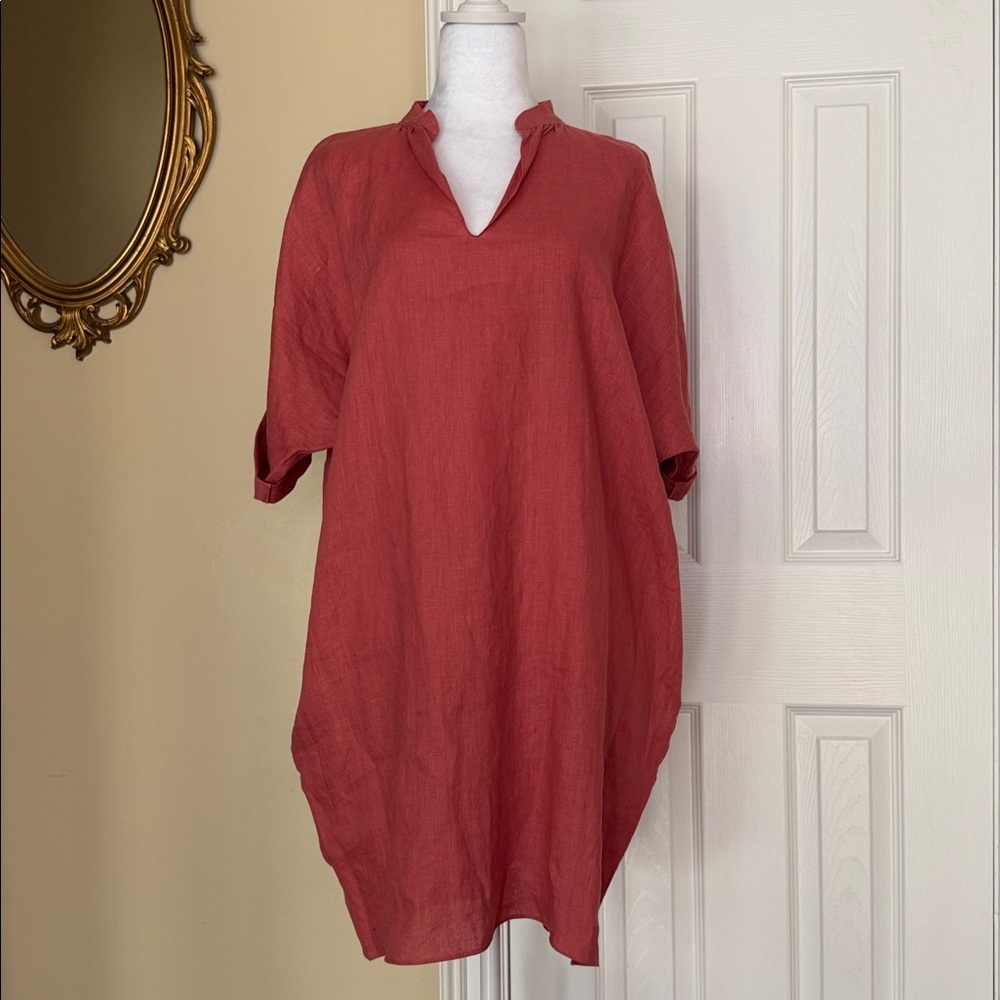 Rachel Craven Linen Popover Minidress Side Pockets VNeck Salmon Beachy Lagenlook